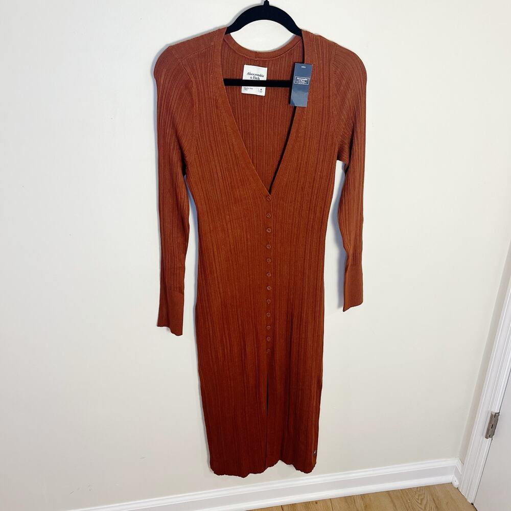 Abercrombie & Fitch Rust Midi Button-Front Ribbed Dress